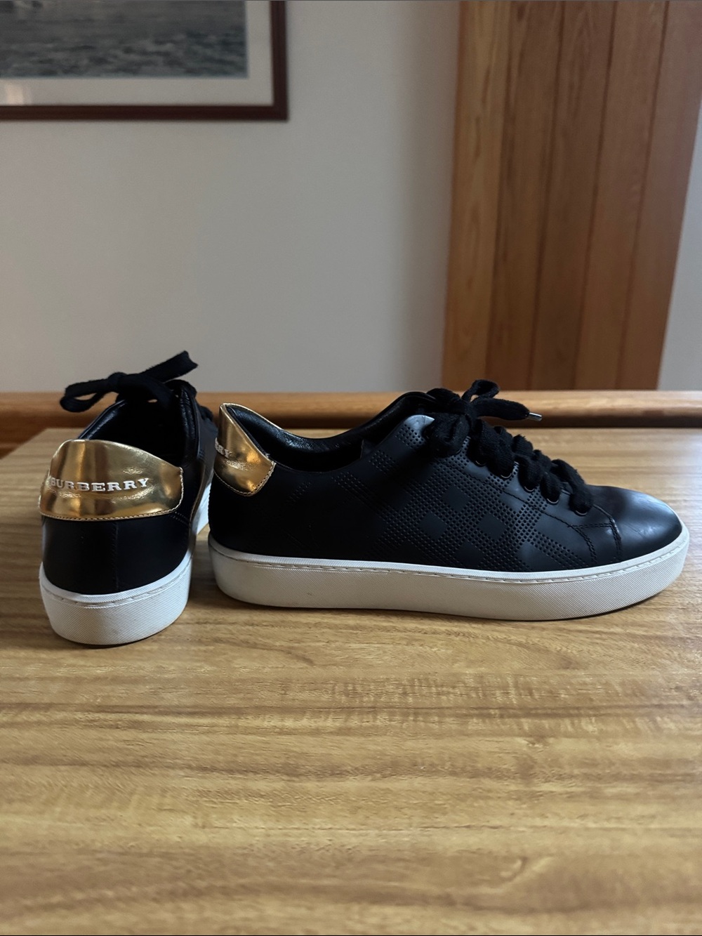 Burberry Black Leather Sneakers with Gold Heel Authentic